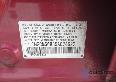 2005 Honda Accord Ex from USA, damaged, VIN 1HGCM56885A074622